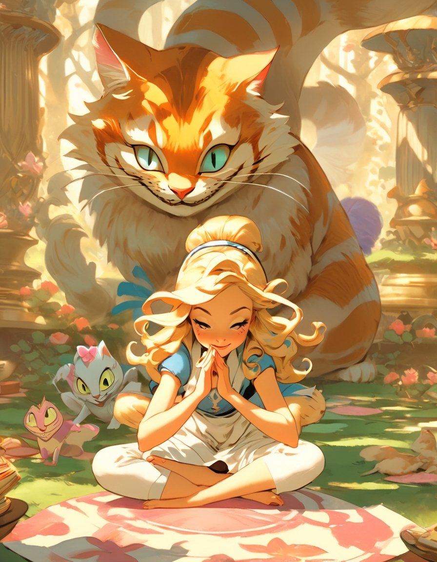 Anime artwork of Disney Alice in Wonderland doing yoga with the Cheshire Cat, art by Makoto Shinkai, art by J.C. Leyendecker