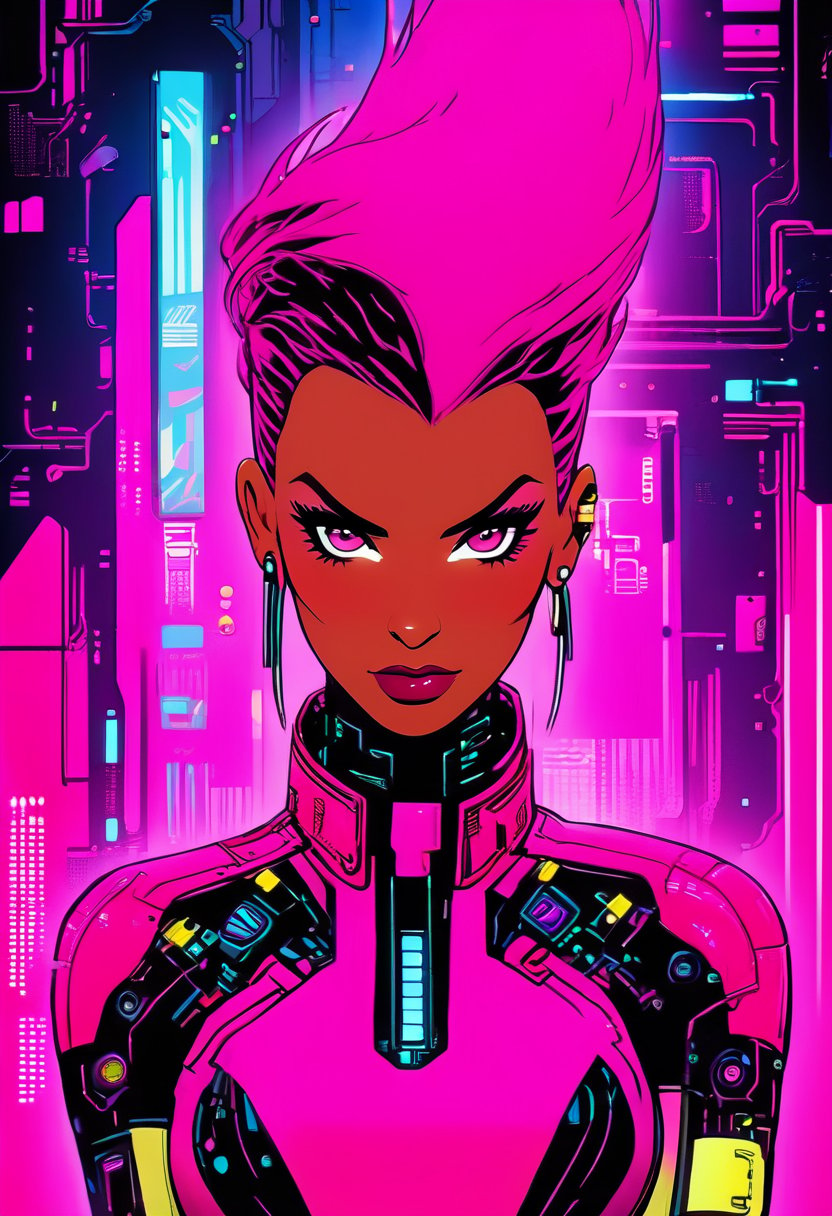 Portrait of a woman in pink cyberpunk suit,   art by J.C. Levendecker