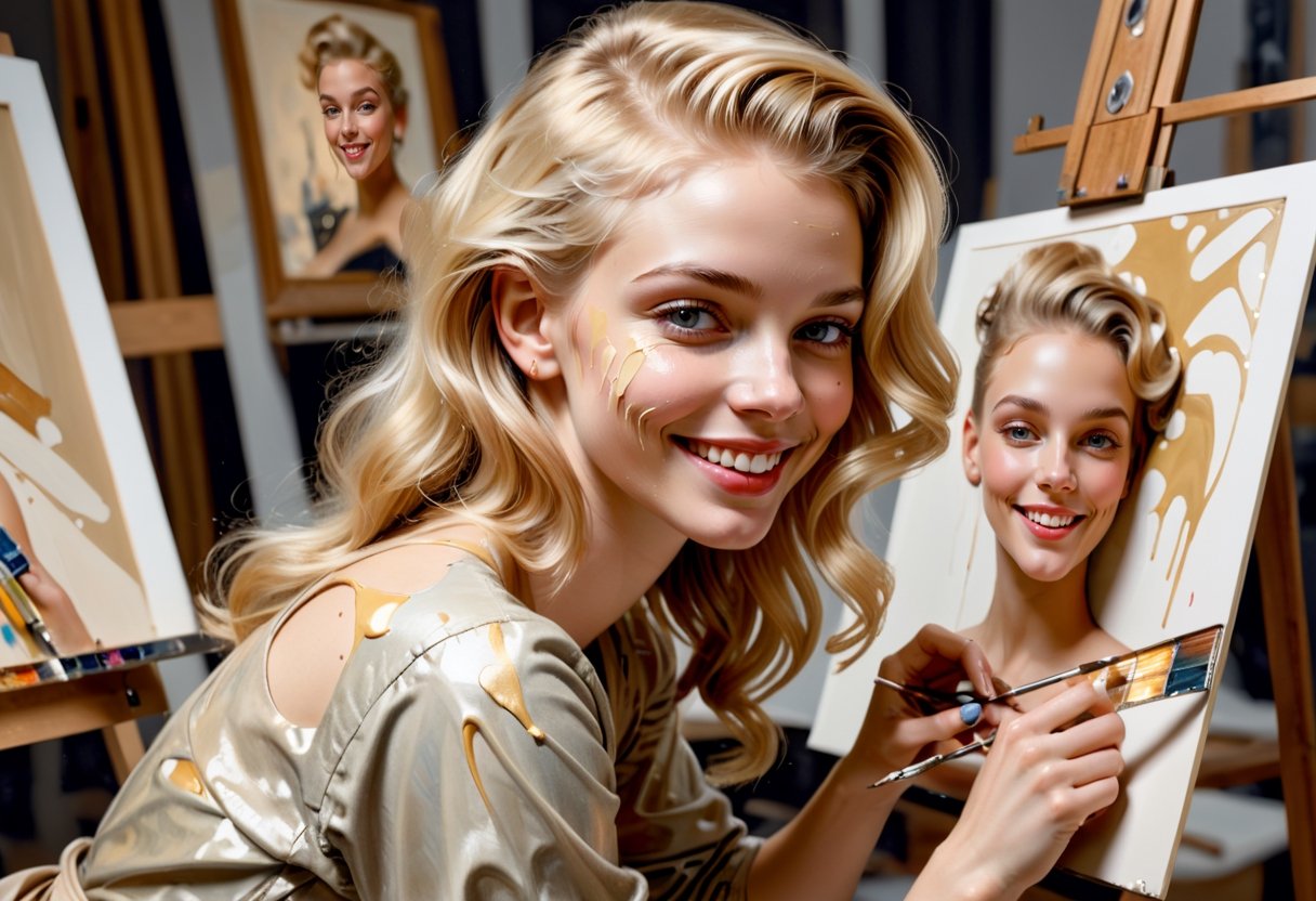 Photo of blonde woman,  21yo,  art by J.C. Leyendecker,  light smile,  covered in paint in a artist's studio painting a picture of model, UHD 8k wallpaper