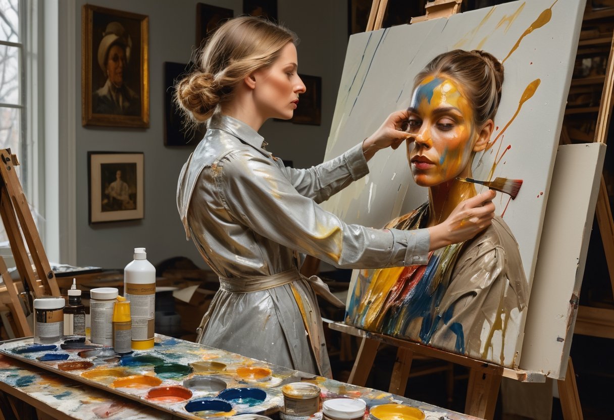 Photo of woman covered in paint in an artist's studio painting a portrait on canvas, art by J.C. Leyendecker, UHD 8k wallpaper