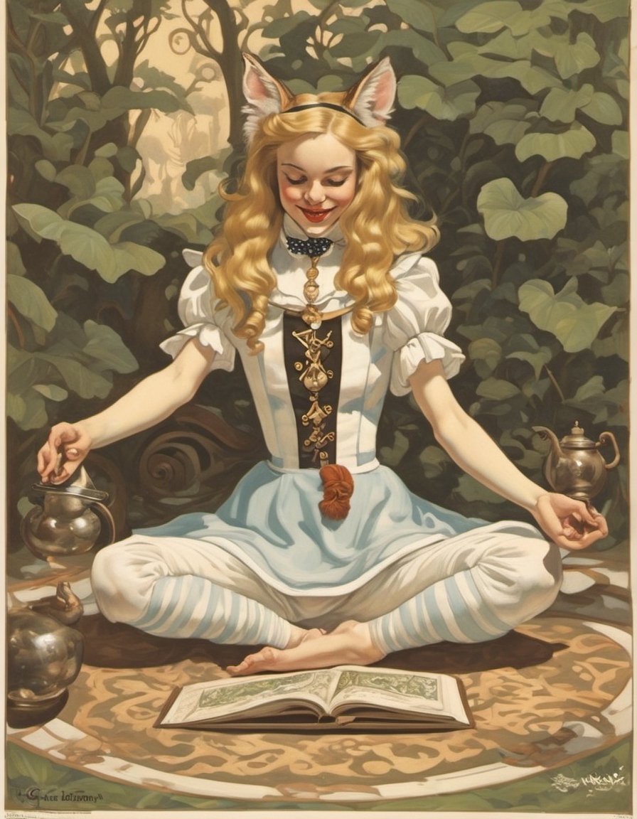 Photo of Disney Alice in Wonderland doing yoga with the Cheshire Cat, art by J.C. Leyendecker, 35mm film,art by mooncryptowow