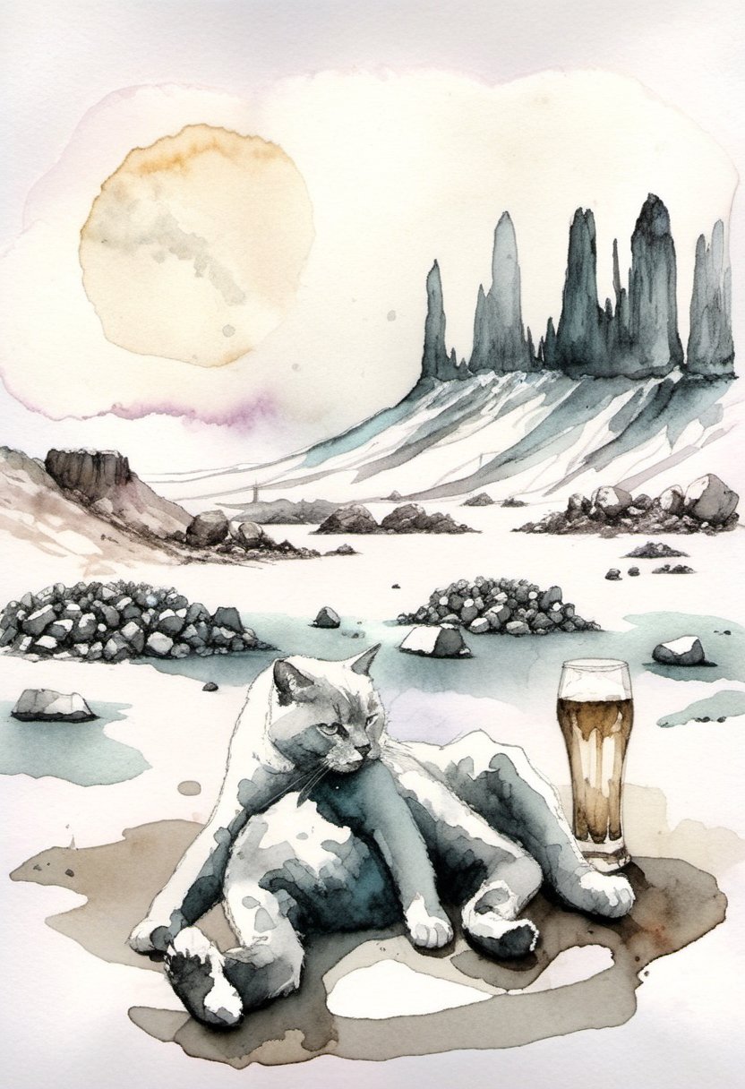Water color ink sketch cat enjoying a beer on the lunar surface, surrounded by empty and full beer bootles. Rocky terrain, desolate and otherworldly landscape,watercolor