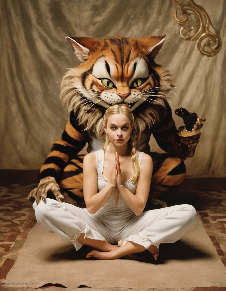 Photo of Disney Alice in Wonderland doing yoga with the Cheshire Cat, art by J.C. Leyendecker, 35mm film
