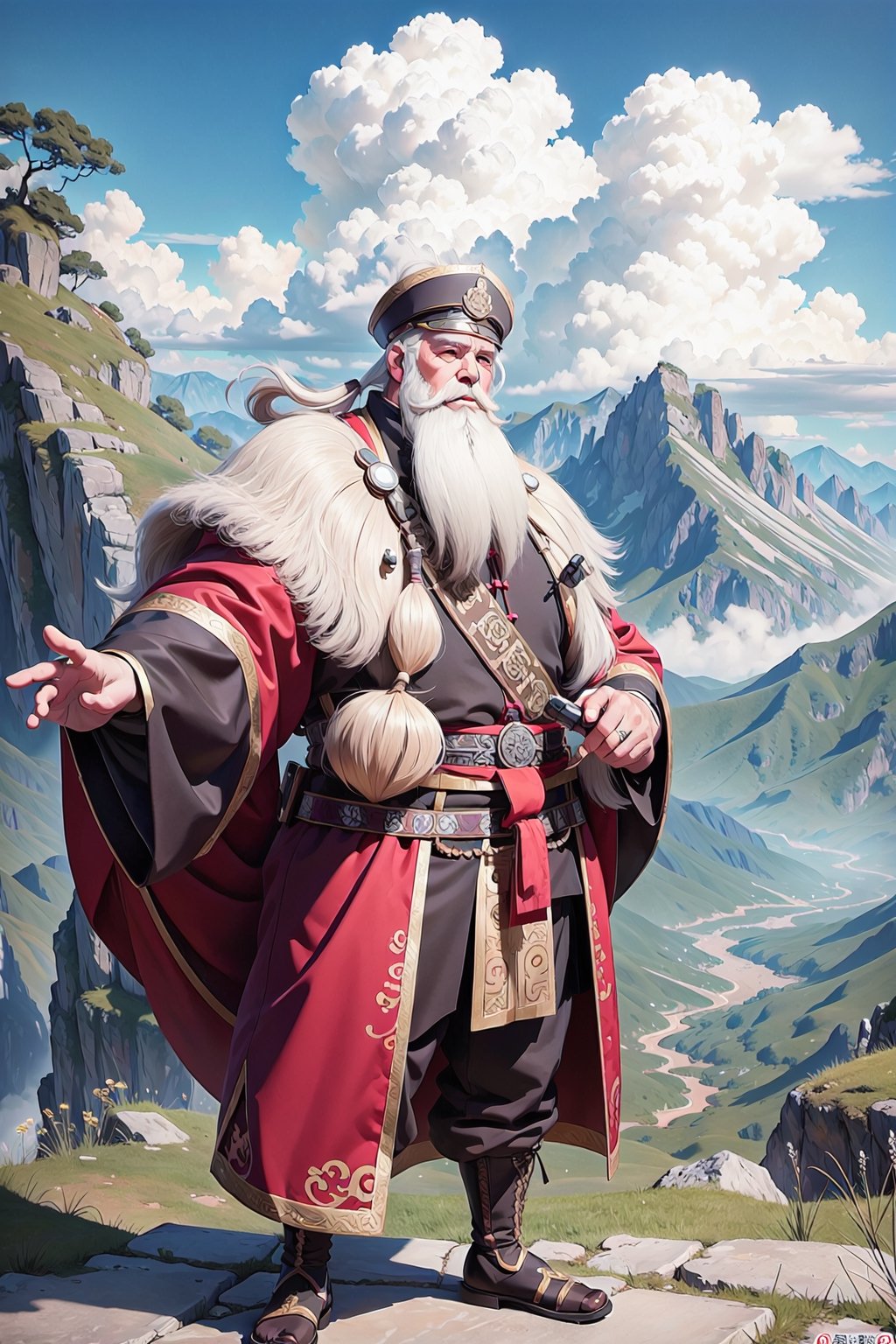 masterpiece, best quality, official art, an old army general from ancient China, ((white beard, big beard)), kingdom, General Mou Gou, anime, manga character, (clouds and mountains in the background)