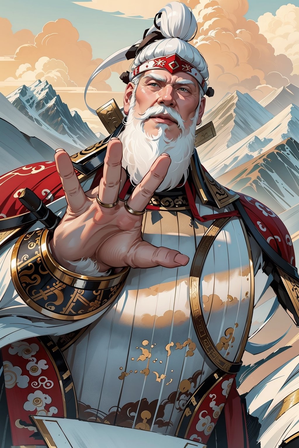 masterpiece, best quality, official art, an old army general from ancient China, ((white beard, big beard)), kingdom, General Mou Gou, anime, manga character, (clouds and mountains in the background)