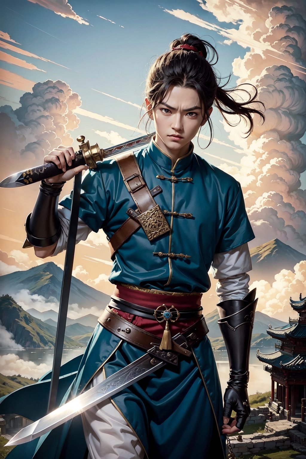 masterpiece, best quality, official art, a young boy from ancient China, (holding sword), kingdom, Xin from Kingdom, anime, manga character, (clouds in the background, godrays, serious expression, angry face, blue dress)