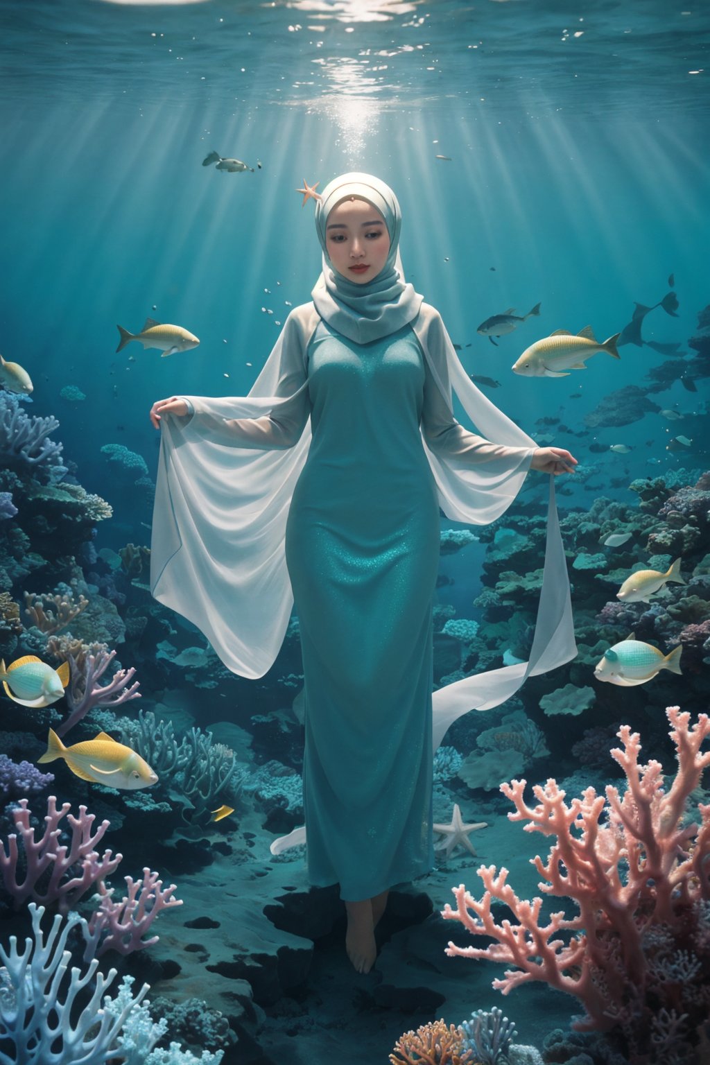 (masterpiece, best quality, realistic, ultra-realistic, realism, photorealism, 8k wallpaper, high quality, absurdres, trending on ArtStation), Plunge into the extraordinary world beneath the ocean's surface and depict the captivating scene of a girl in (hijab with underscarf:1.2) standing at the bottom of the ocean, surrounded by a bustling array of ocean life. Bring the viewer up close and personal with the girl and the underwater realm, allowing them to appreciate the intricate details of the marine environment. Show the girl as a central figure, conveying a sense of wonder and harmony as she interacts with the underwater creatures. Use a vivid color palette to showcase the brilliant hues of coral, the shimmering scales of fish, and the delicate movements of sea plants. Incorporate elements such as seashells, starfish, and other marine flora and fauna to enhance the realism and create a sense of depth. Let the artwork transport viewers into a mesmerizing underwater world, where they can imagine themselves immersed in the girl's serene and awe-inspiring oceanic encounter.