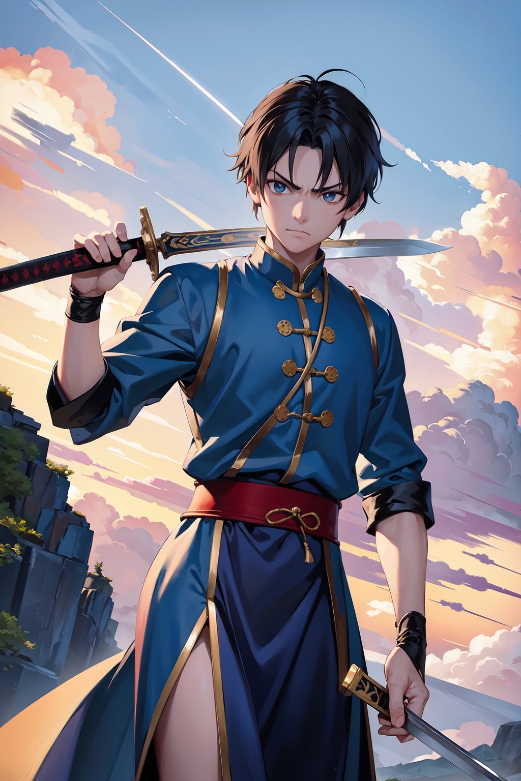 masterpiece, best quality, official art, a young boy from ancient China, (holding sword), kingdom, Xin from Kingdom, anime, manga character, (clouds in the background, godrays, serious expression, angry face, blue dress)