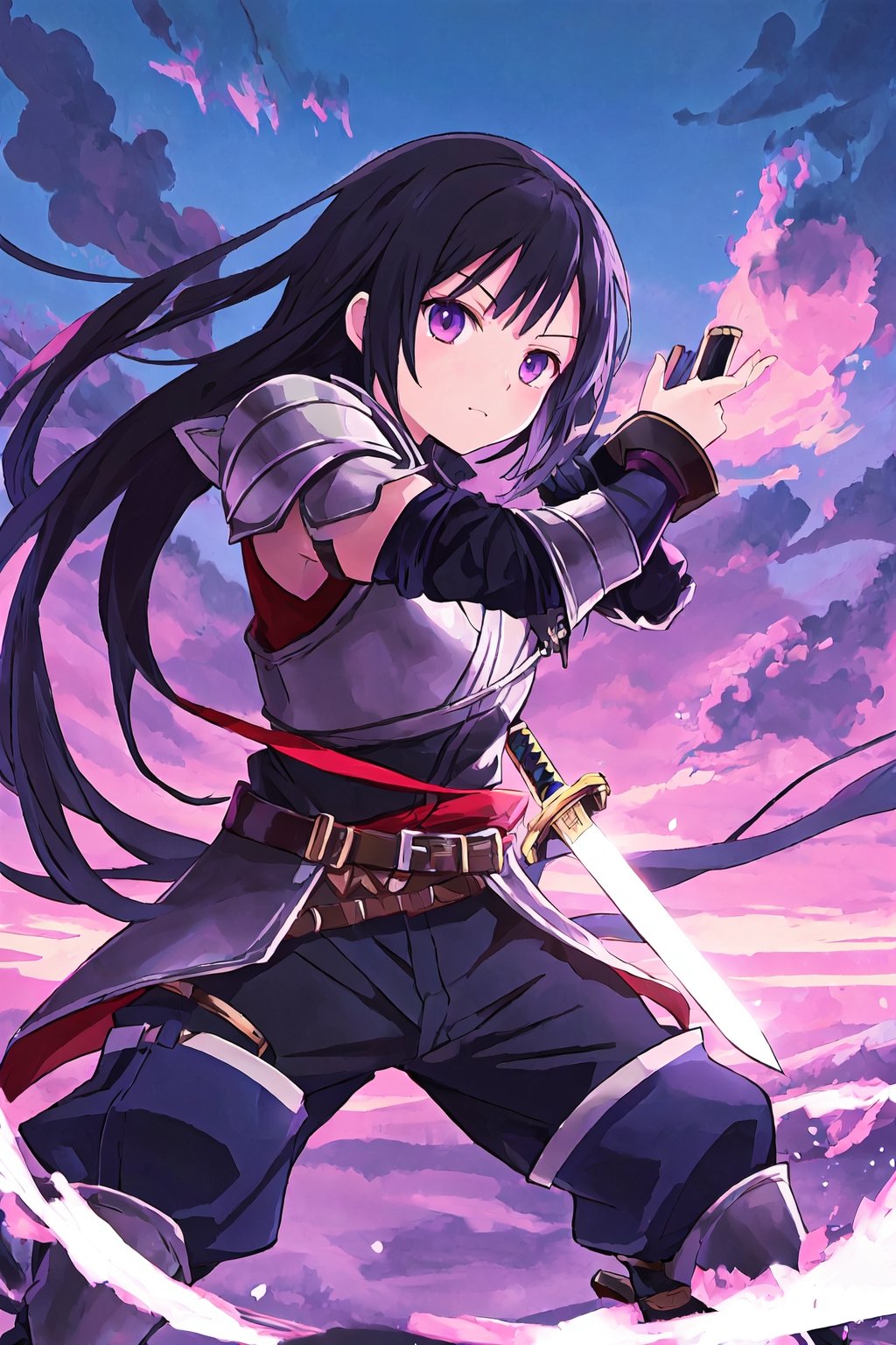 Kaine from kingdom manga, anime, sword, fight pose, black hair, purple armor, masterpiece, high quality, best quality, crimson clouds in the background
