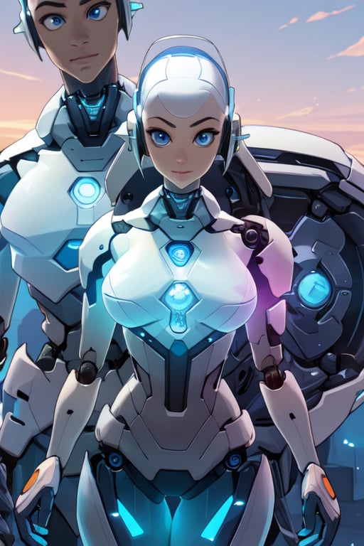  (best quality:1.3), (masterpiece:1.3), (detailed:1.2), distinct image, (Cowboy shot), BREAK Solo, looking at viewer, Tapered body, Half-Up Half-Down  blue eyes, Sheer Sleeve  natural volumetric lighting, Artistic Background,Gwendolyn_Tennyson , robot, android