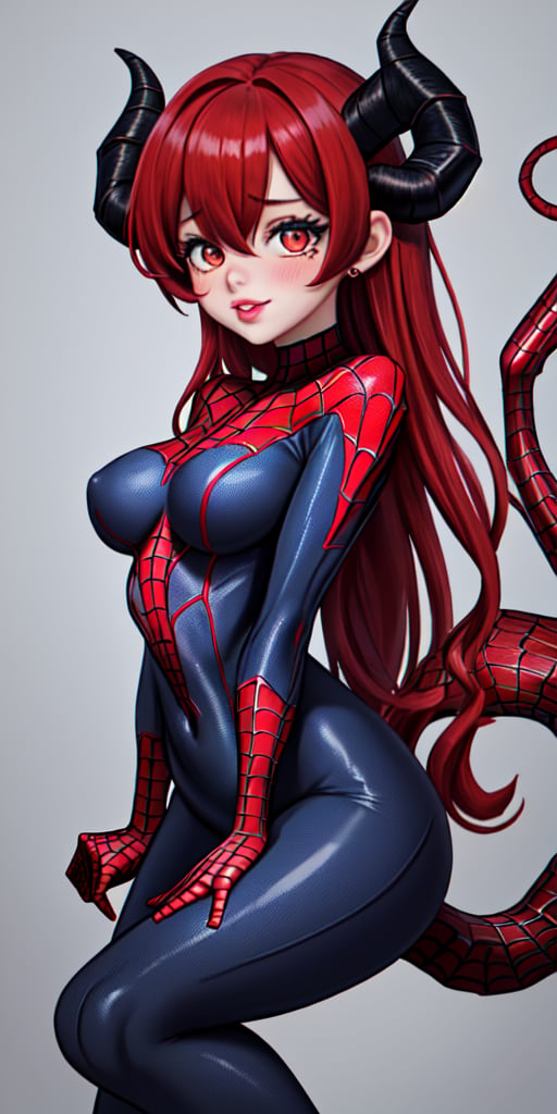 girl, teen, woman, red hair, very red hair, long hair, lips, boobs, medium boobs, human ears, horns, large horns, goat horns, symmetrical horns, spiral horns, two horns, gray horns, demon girl, solo, front, cute, sexy, demon tail, one tail, spiderman, spiderman style, spidergirl