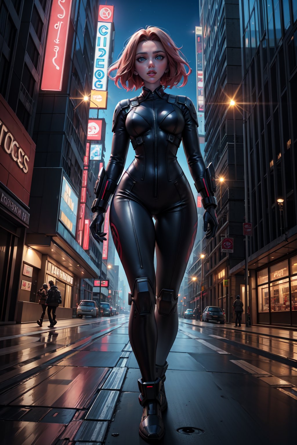 1woman, masterpice, high quality, best quality, cg, 4k, pixiv, (Scarlett johansson:1.3), city, street, night, neon lights, lcd lighsts, natural light, walking, good body, bodysuite, mecha, cyberpunk, science fiction, HD