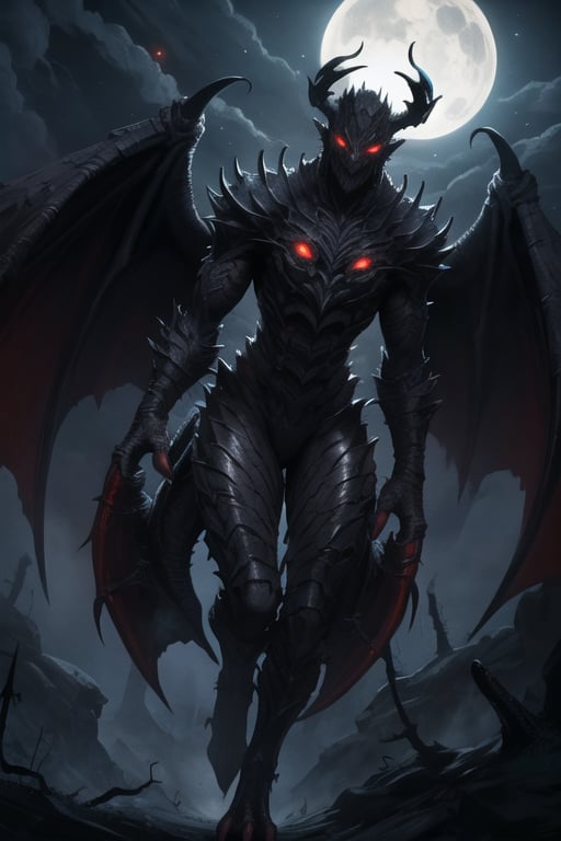 (masterpiece), (best quality), highres, highly detailed, monster, 5 legs, wings, dark, spooky, night, red eyes, male