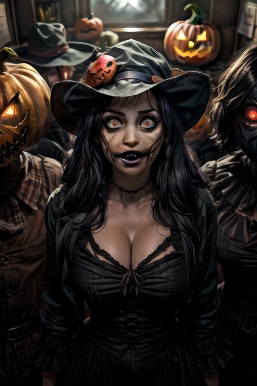 (masterpiece, premium quality, best quality, beautiful and aesthetic), extremely detailed, hyper-realistic, (Cinmatic:0.7), (Dark and intense:1.2), wide shot, detailed face, "A ((woman with pumpkin head, scarecrow body, cap, standing inside the office)), glowing eyes and sharp teeth, foggy, haunting, Halloween style, The (office) was transformed into a haunted maze, with pumpkin-headed monsters of all shapes and sizes lurking around every corner, their sharp teeth and glowing eyes sending shivers down your spine. ,((More details)),AS1-10V1,krsch1-10