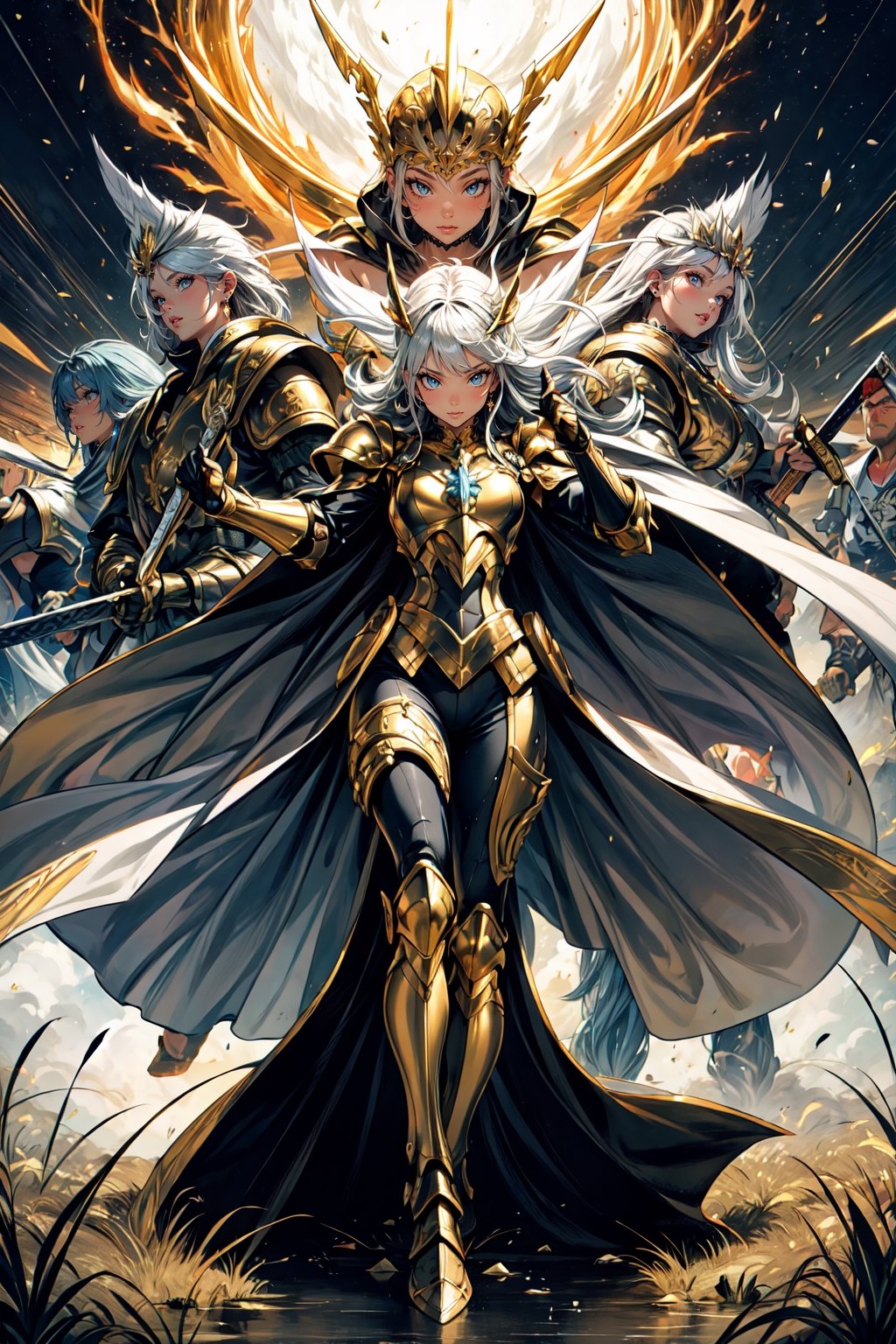 absurdres, highres, ultra detailed,Insane detail in face, ((girl:1.3)), Gold Saint, Saint Seiya Style, Gold Armor, Full body armor, no helmet, Zodiac Knights, Grey hair, fighting pose, Pokemon Gotcha Style, gold gloves, long hair, white long cape, messy_hair, Gold eyes, black pants under armor, full body armor, beautiful old greek temple in the background, beautiful fields, insane detail full leg armor, god aura, sagittarius armor, Elysium fields, ready for battle,FUJI,midjourney, insane detail in armor, ,Film(/FUJI/), (army, crowd of soldiers) swords