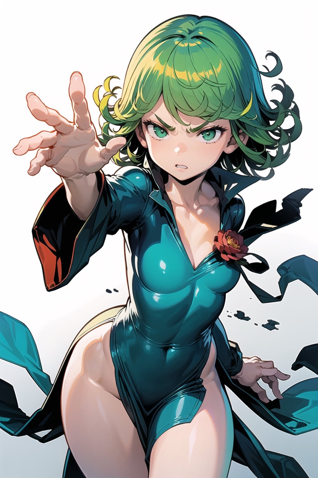 (masterpiece, best quality, 1girl, Tatsumaki, Terrible_Tornado, looking at viewer, angry, attack pose, short hair, bangs, green hair, green eyes, detailed eyes, collarbone, thighs, small breasts, parted lips, green hair, long sleeves, dark green dress, pelvic curtain, side slit, curly hair, flipped hair, open hand, reaching out, , TatsumakiOPM,tatsumakitornado