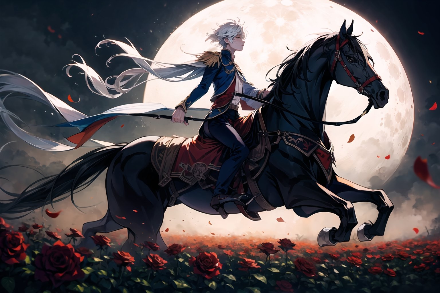 1980's style anime, masterpiece, {{illustration}}, Petit Prince, little vampire prince boy, white hair, pale skin, red arestocrat outfit, riding a great all-black steed, at full moon night in the middle of a field full of roses {best quality}, {{hi res}},horse,riding,horseback_riding