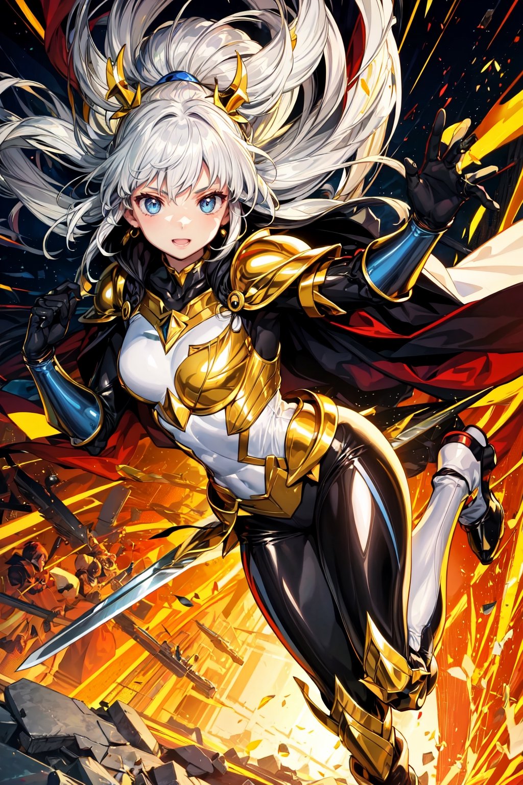 absurdres, highres, ultra detailed,Insane detail in face, ((girl:1.3)), Gold Saint, Saint Seiya Style, Gold Armor, Full body armor, no helmet, Zodiac Knights, Grey hair, fighting pose, Pokemon Gotcha Style, gold gloves, long hair, white long cape, messy_hair, Gold eyes, black pants under armor, full body armor, beautiful old greek temple in the background, beautiful fields, insane detail full leg armor, god aura, sagittarius armor, Elysium fields, ready for battle,FUJI,midjourney, insane detail in armor, ,Film(/FUJI/), (army, crowd of soldiers) swords