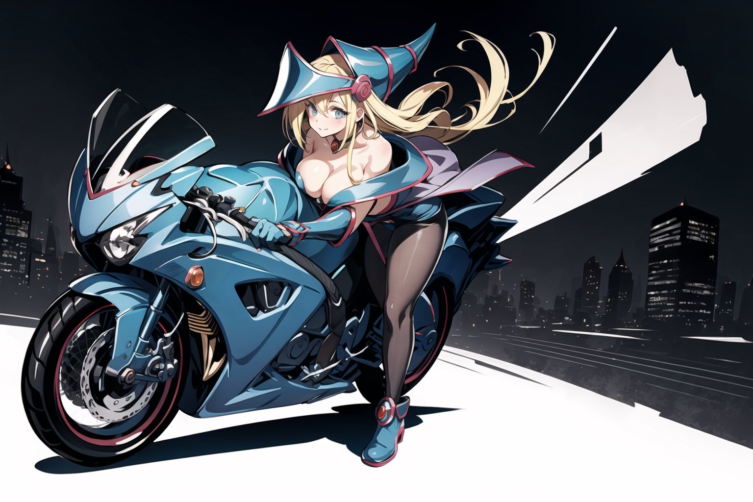 dark magician girl, masterpiece, best quality, 1girl, blonde hair, blue footwear, blue headwear, masterpiece, best quality, bouncing boobs, misaligned boobs, big milkers, looking at viewer, sugimori ken \(style\) (full body), best quality, 1girl,motorcycle, blue Motor ,riding,driving,bangs, bare_shoulders, black_legwear, closed_mouth, collarbone, grey_eyes, hair_ornament, long_hair, looking_at_viewer, pantyhose,  {big milkers} milf, Dark Magician Girl,yofukashi background,city,night,dark magician girl