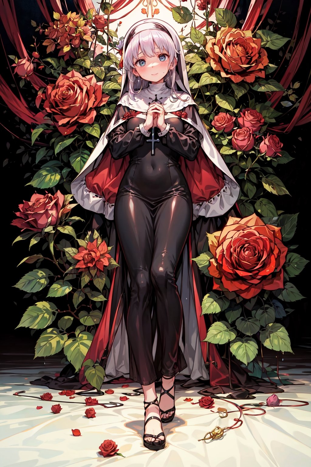 masterpiece, {{illustration}} 1 girl, full body, serene face, calm, black nun's dress, headband of red roses, poisonous roses, praying, inherited by thorny brambles, in front of rose bushes with red roses, scarlet dragon in the background in the middle of a forest. (sweaty:1.1),,