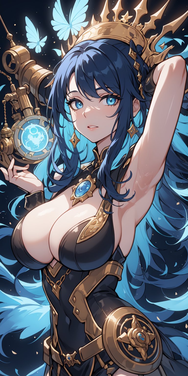 An enthusiastic girl with big blue eyes and short multicolored hair, Woman dressed as an alchemist in a steampunk world, surrounded by whimsical clockwork machines and magic potions, hands behind her head, armpitsFlower armor with gears and mechanical details, blending steampunk aesthetics with a touch of nature.
Close-up shot with luminism and bokeh, highlighting the magic and alchemical elements in the scene.
HDR of 1.4, intensifying the colors and textures of the steampunk and magical components.
Cinematic pink and blue filter with a value of 0.85, infusing the image with enchanting and mysterious vibes.
Ethereal background with fractal isometrics, creating a surreal and fantastical setting.
Realistic yet fantastical details, bringing the alchemist's world to life., big_boobs, Perfect anatomy, the golden ratio (masterpiece, top quality, extreme),1 girl