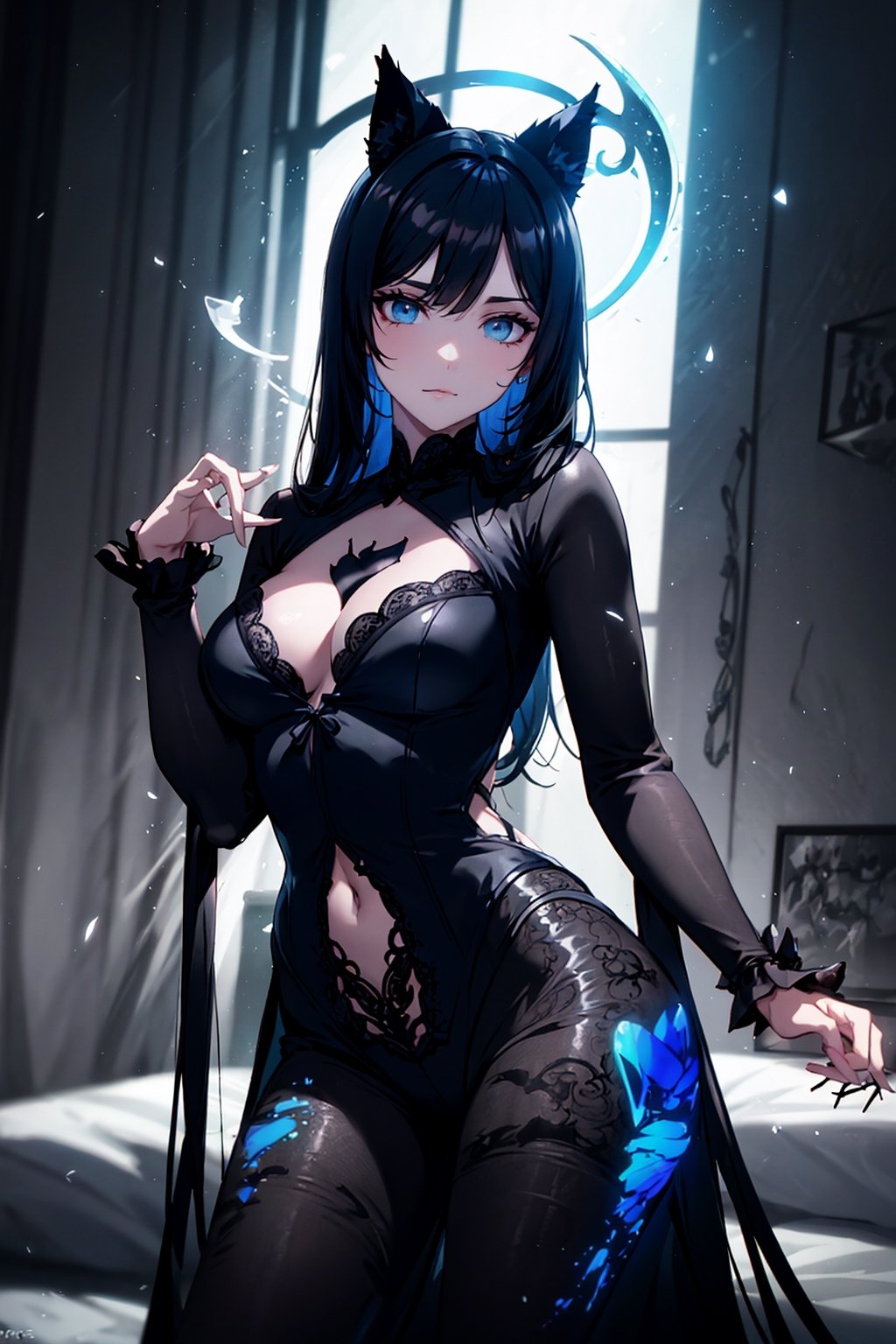 cowboy shot, absurdres ,   sultry_pose , seducing_face  
, high res, ultimate detailed, high-resolution in elaborateness, large eyes, (pale blue eyes:1.1), drooping eyes  BREAK small breasts, ((pure black cat ears, pure black hair:1.3)), long hair BREAK (:3:1), Japan, minimalist room, bedroom, bedsheets ,very long hair
highres, ultra detailed, BREAK infrared photography, otherworldly hues, unseen light, ethereal glow, vibrant colors, ghostly effect BREAK paper quilling, intricate designs, dimensional patterns, delicate craftsmanship, creative expression, textured art BREAK, peaceful scenery

black lace top, black lace boyshorts, lingerie transparent ,High detailed ,HALFTONE CLOUD LIGHT_PARTICLES,round ass