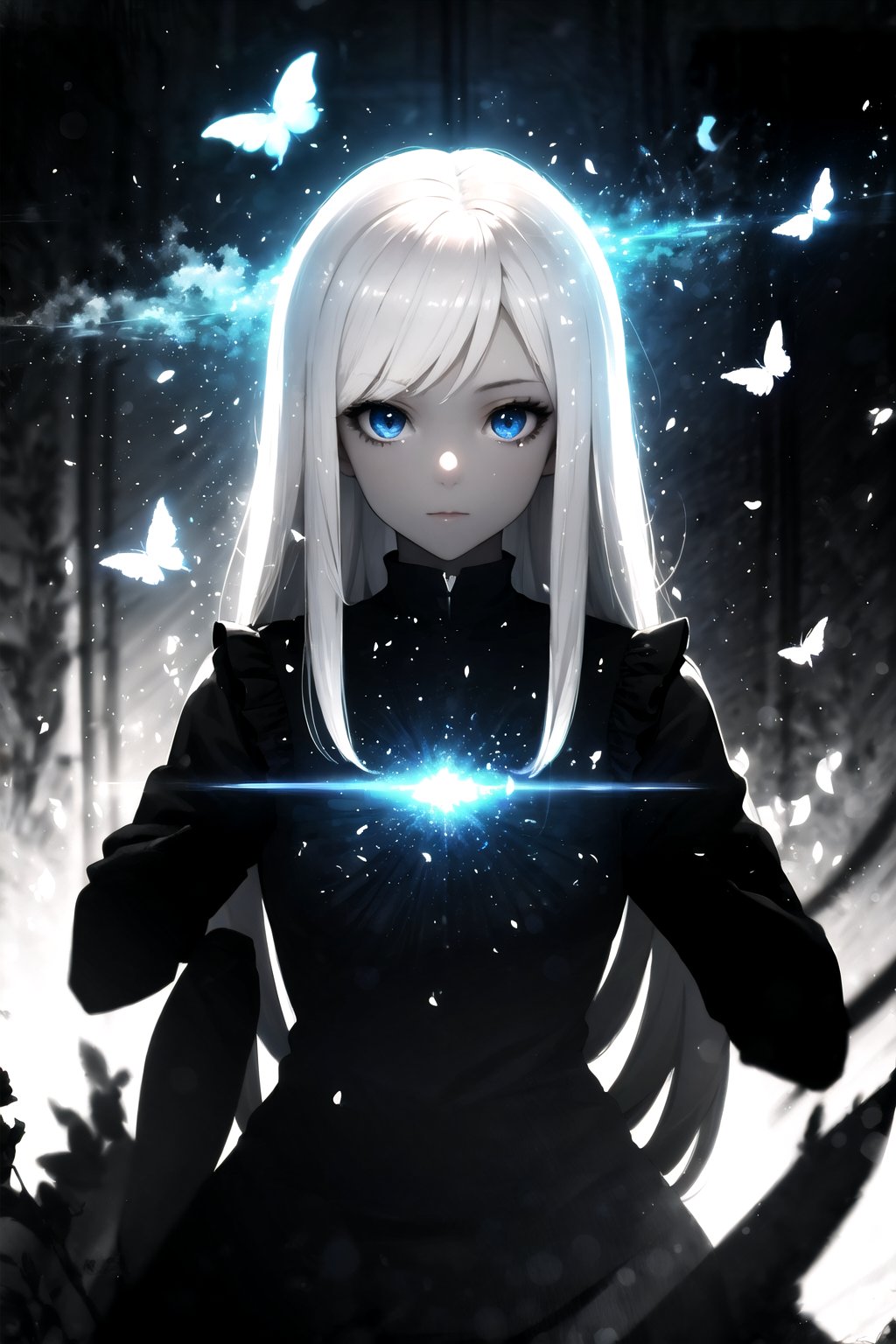 masterpiece, best quality, 1girl, white hair, blue eyes, long hair, butterflys, night, upper body,,HALFTONE CLOUD LIGHT_PARTICLES