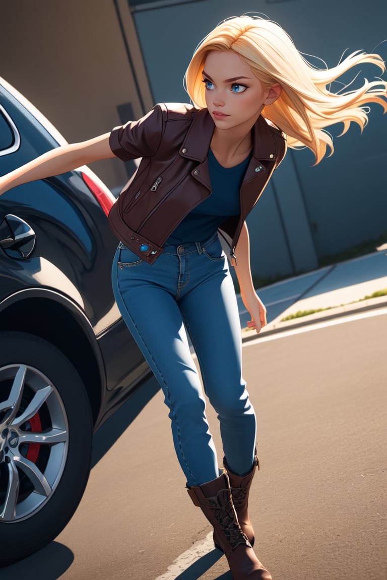 ((1 female))l, full body, blonde hair, two pigtails, blue eyes, white t-shirt, jeans, black boots,(red leather jacket:1),beautiful girl with attention to detail, beautiful delicate eyes, detailed face, beautiful eyes, Dynamic Beautiful Pose, Natural Light, ((Real) ) Quality: 1.2 )), Dynamic Long Distance Shot, Cinematic Lighting, Perfect Composition, Super Detail, Official Art, Masterpiece, (Best Quality: 1.3), Reflection, High Resolution CG Unity 8K Wallpaper, Detailed Background, Masterpiece, (Photorealistic): 1.2), Random Angle, Side Angle, ,anime