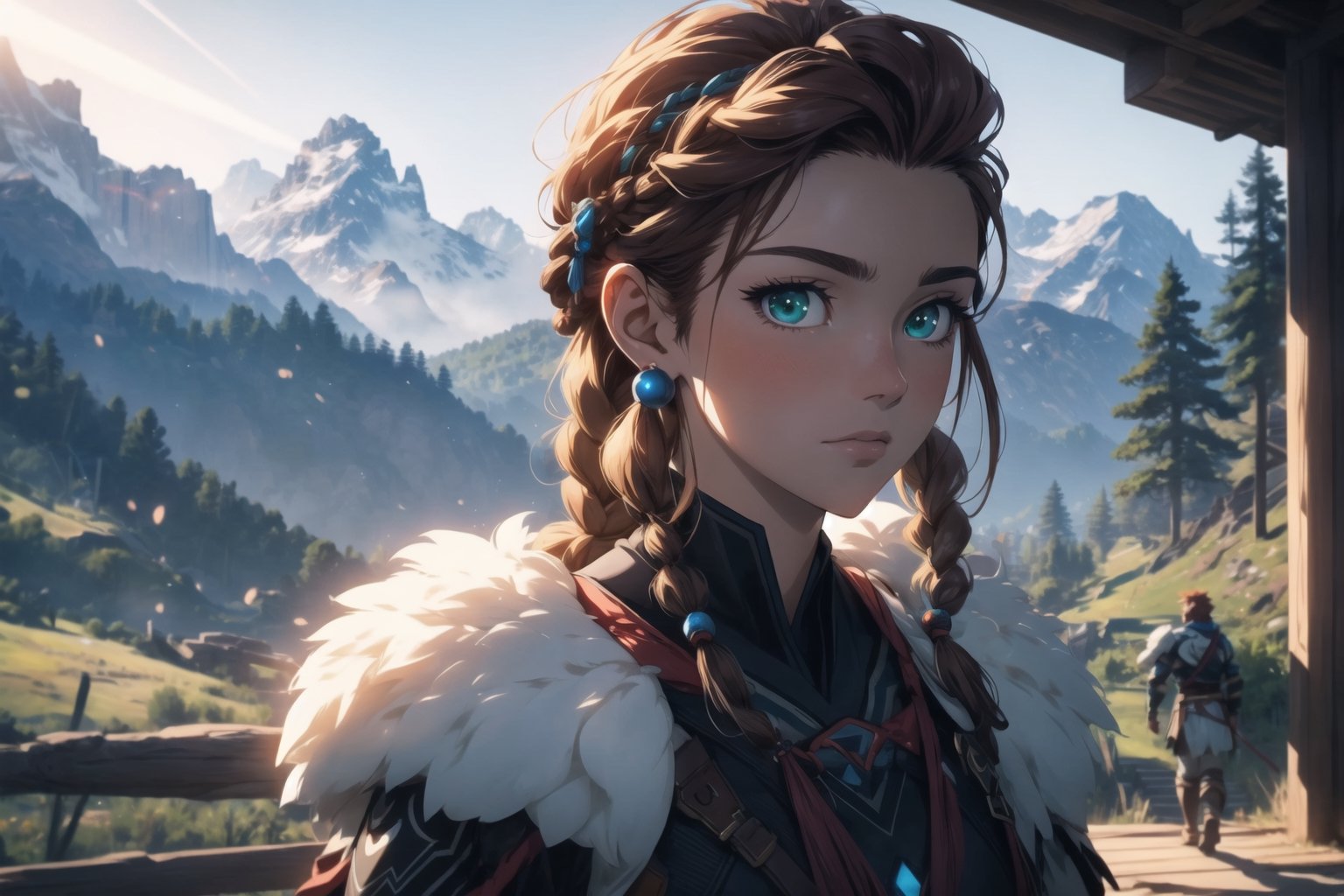 (masterpiece, best quality), (8K, UHD), ((90s anime style)), Aloy from Horizon Zero Dawn, fit and sexy body, nice chest, beautiful long red hair, well shaped green eyes, wearing a fur hunter like outfit, beads and braids, mountain tops, sunny, rays of sun light, not looking at camera, multiple poses, (alluring shots), illustration,portrait,rgbcolor,emotion