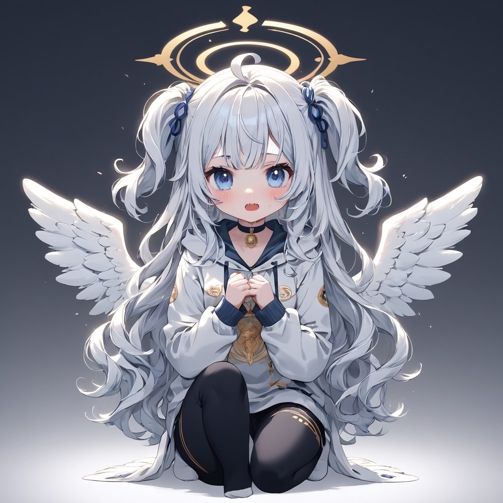 (chibi:1.3), masterpiece, made by a master, 4k, perfect anatomy, perfect details, best quality, high quality, lots of detail.
(solo),1girl, ((angel)), ((white hair)), (long hair:1.3), (two side up), blue eyes,  (curly hair:1.2), (wavy hair), (hair curls), (bangs), (two side up), two ((blue)) hair ties on head, (Double golden halo on her head), choker, ((angel wings)), ahoge, fang, (Gray long sleeve hooded top), Black long pants, white socks, single, looking at viewer, Fear, (Be scared), (shout), Face with hands, (full body) ,Emote Chibi. cute comic,simple background, flat color, Cute girl,dal,Chibi Style,lineart,