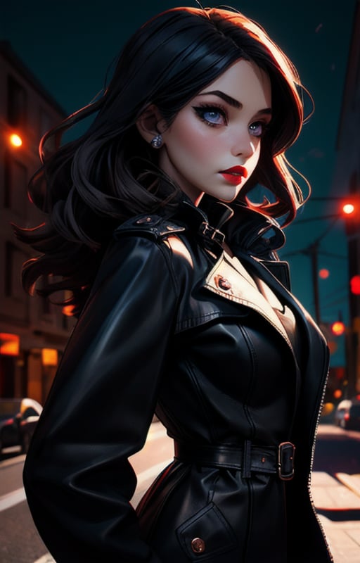 1girl, beautiful girl, long black hair:1.2, purple eyes, black leather pants, black leather corset, (large black leather trench coat:1.2), big breasts,looking at viewer, solo, upper body,(masterpiece:1.4),(best quality:1.4),red lips,parted lips, night city:1,street,night,vampire:1.2,dramatic shadows,extremely_beautiful_detailed_anime_face_and_eyes,an extremely delicate and beautiful,dynamic angle, cinematic camera, dynamic pose,depth of field,chromatic aberration,backlighting,Watercolor, Ink, epic, candystyle, ,style