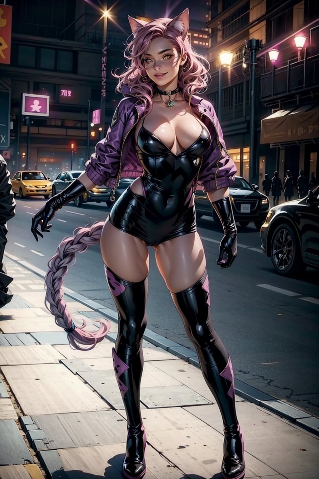 1girl,  athletic, purple dress:1.2, pink hair:1.2, yellow eyes:1.2, pink cat ears:1.2, black leather boots, black leather gloves, smiling,braids,make up,chocker,cleavage,voluminous lighting, Best Quality, Masterpiece, intricate details, tonemapping, sharp-focus, hyper detailed, Trending on ArtStation, manga,(full_body:1.4)