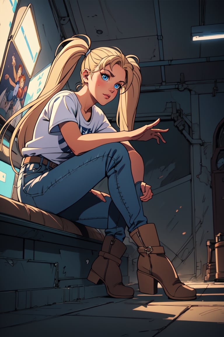 ((1 female))l, full body, blonde hair, two pigtails, blue eyes, white t-shirt, jeans, black boots,(red leather jacket:1),beautiful girl with attention to detail, beautiful delicate eyes, detailed face, beautiful eyes,Beautiful Pose, Natural Light, ((Real) ) Quality: 1.2 )), Cinematic Lighting, Perfect Composition, Super Detail, Official Art, Masterpiece, (Best Quality: 1.3), Reflection, High Resolution CG Unity 8K Wallpaper, Detailed Background, Masterpiece, (Photorealistic): 1.2), Random Angle, Side Angle, ,anime,Retro,ink