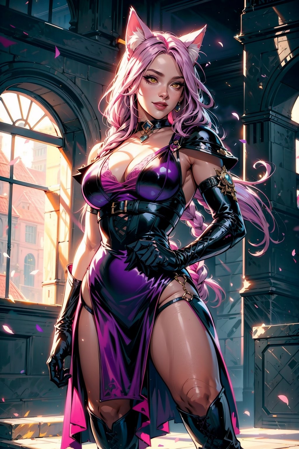 1girl, Portrait of the beautiful Lopadex, athletic, purple dress:1.2, pink hair:1.2, yellow eyes:1.2, pink cat ears:1.2, black leather boots, black leather gloves, smiling,braids,make up,chocker,cleavage,voluminous lighting, Best Quality, Masterpiece, intricate details, tonemapping, sharp-focus, hyper detailed, Trending on ArtStation, manga,(full_body:1.4)