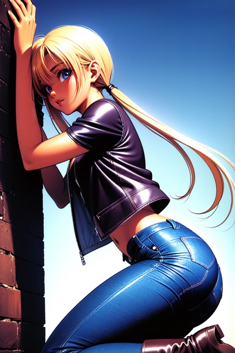 ((1 female))l, full body, blonde hair, two pigtails, blue eyes, white t-shirt, jeans, black boots,(red leather jacket:1),beautiful girl with attention to detail, beautiful delicate eyes, detailed face, beautiful eyes, Dynamic Beautiful Pose, Natural Light, ((Real) ) Quality: 1.2 )), Dynamic Long Distance Shot, Cinematic Lighting, Perfect Composition, Super Detail, Official Art, Masterpiece, (Best Quality: 1.3), Reflection, High Resolution CG Unity 8K Wallpaper, Detailed Background, Masterpiece, (Photorealistic): 1.2), Random Angle, Side Angle, ,anime