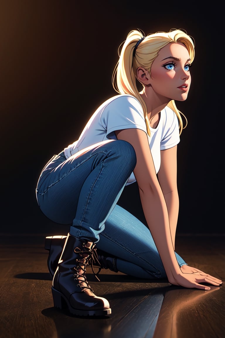 ((1 female))l, full body, blonde hair, two pigtails, blue eyes, white t-shirt, jeans, black boots,(red leather jacket:1),beautiful girl with attention to detail, beautiful delicate eyes, detailed face, beautiful eyes, Dynamic Beautiful Pose, Natural Light, ((Real) ) Quality: 1.2 )), Dynamic Long Distance Shot, Cinematic Lighting, Perfect Composition, Super Detail, Official Art, Masterpiece, (Best Quality: 1.3), Reflection, High Resolution CG Unity 8K Wallpaper, Detailed Background, Masterpiece, (Photorealistic): 1.2), Random Angle, Side Angle, 