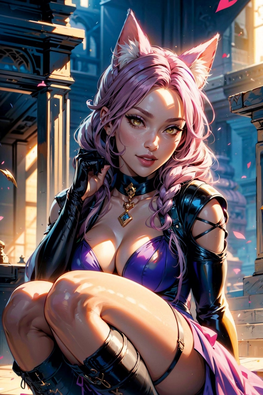 1girl, Portrait of the beautiful Lopadex, athletic, purple dress:1.2, pink hair:1.2, yellow eyes:1.2, pink cat ears:1.2, black leather boots, black leather gloves, smiling,braids,make up,chocker,cleavage,voluminous lighting, Best Quality, Masterpiece, intricate details, tonemapping, sharp-focus, hyper detailed, Trending on ArtStation, 