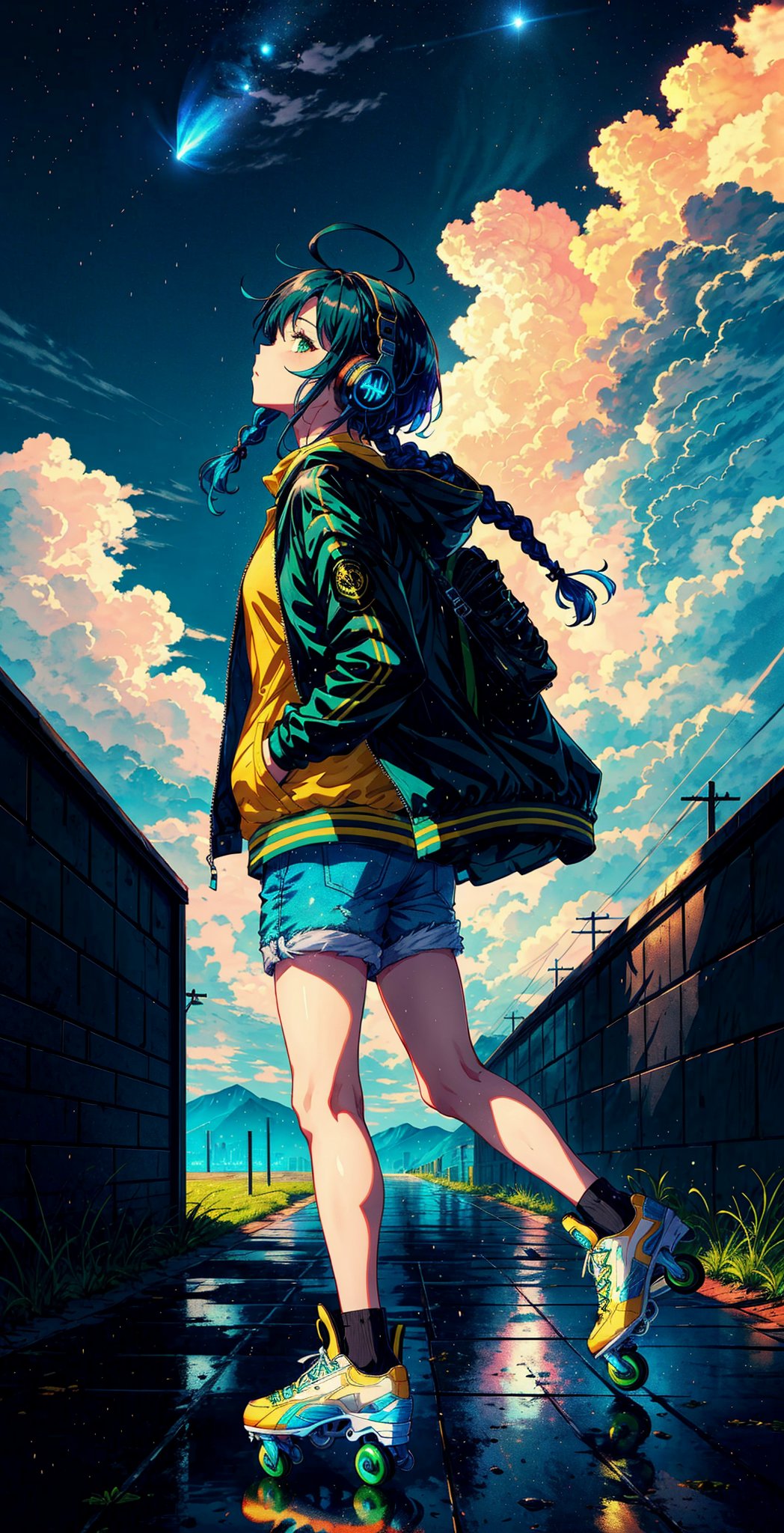 1 girl ahoge alternate_costume black_hair blue_hair blue_shorts braid green_nails headphones jacket looking_at_viewer male_focus roller_skates short_hair_with_long_locks shorts rain_comet_on_sky gigantic_clouds perspecrive