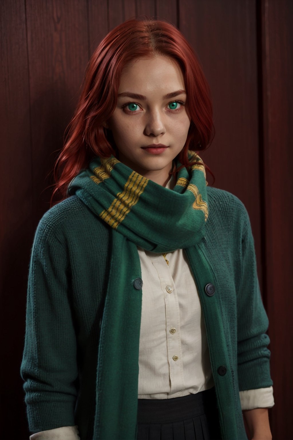 1girl, (girl:1.3), 16 years old, (red hair:1.2) , (Green eyes:1.2)solo focus, portrait, simple background, standing, 
(Hufflepuff:1,4), hogrobe, black robe, hogscarf, hogsweater, skirt,
(masterpiece, best quality, extremely detailed, highly detailed face, beautiful detailed eyes)