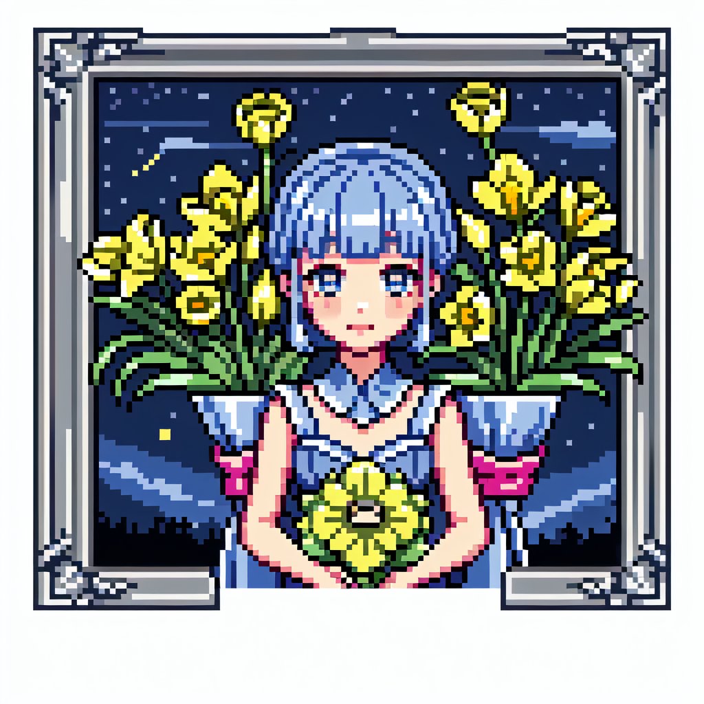 Flower card, (yellow daffodil), masterpiece, UltraHD, highres, intricate details, cute , kawaii, flower, foliage, leaves, (1girl), surrounded with flower, facing viewer, beautiful face, silver hair, blue eyes, holding bouquet of daffodil, night sky, watercolor, border, frame, decorative frame, decorative border,ayaka_genshin,Pixel art