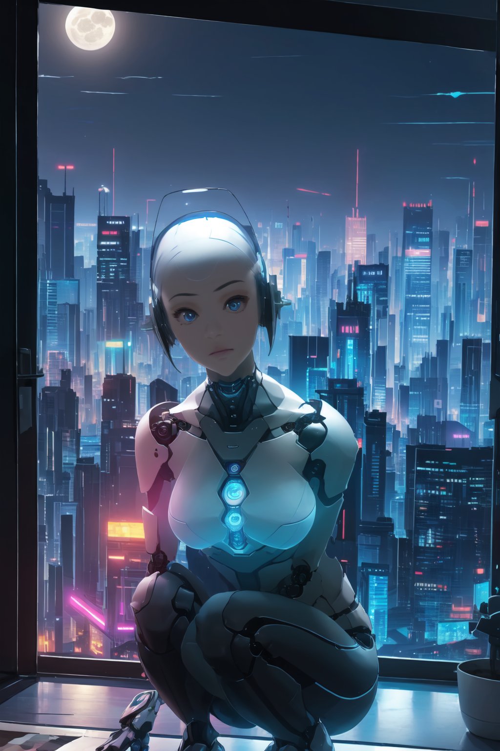 1girl, (masterpiece:1.2), highres, high quality, (perfect face and eyes:1.3), (textured skin:1.2), (solo), original, (wallpaper), highres, android, robot girl, cyberpunk, room, looking_at_viewer, night, moon, window, squatting 
