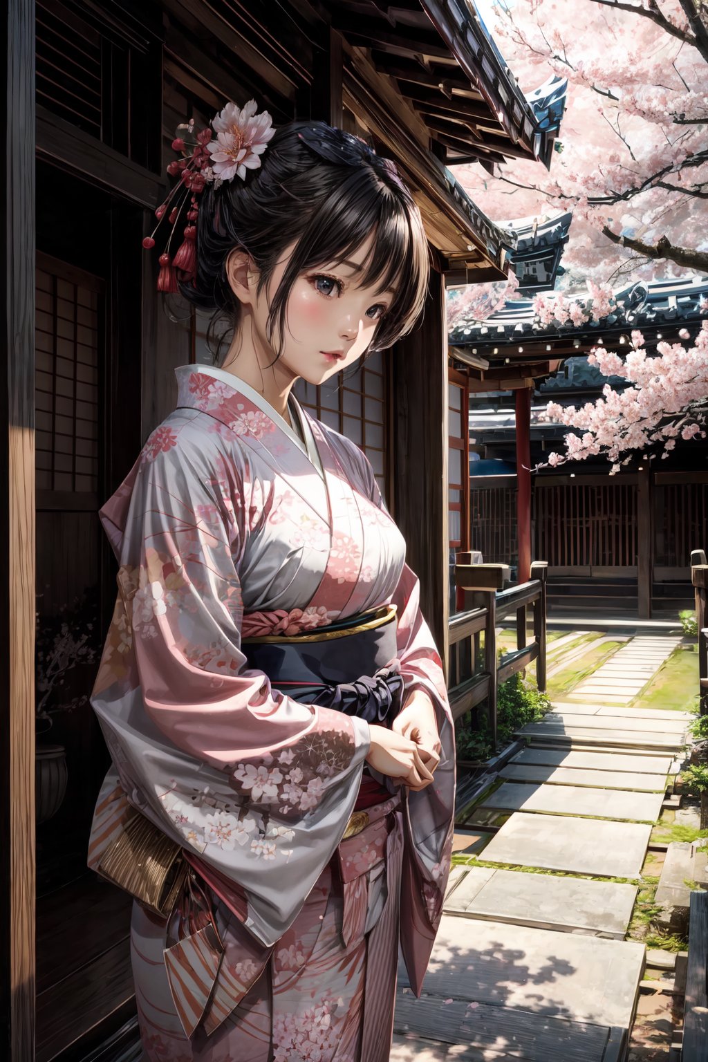 1woman, (masterpice), highres, high detailed, high quality, (solo), intricate_details, yukata, (cherry blossoms), (japanese temple:1.2), high detailed,