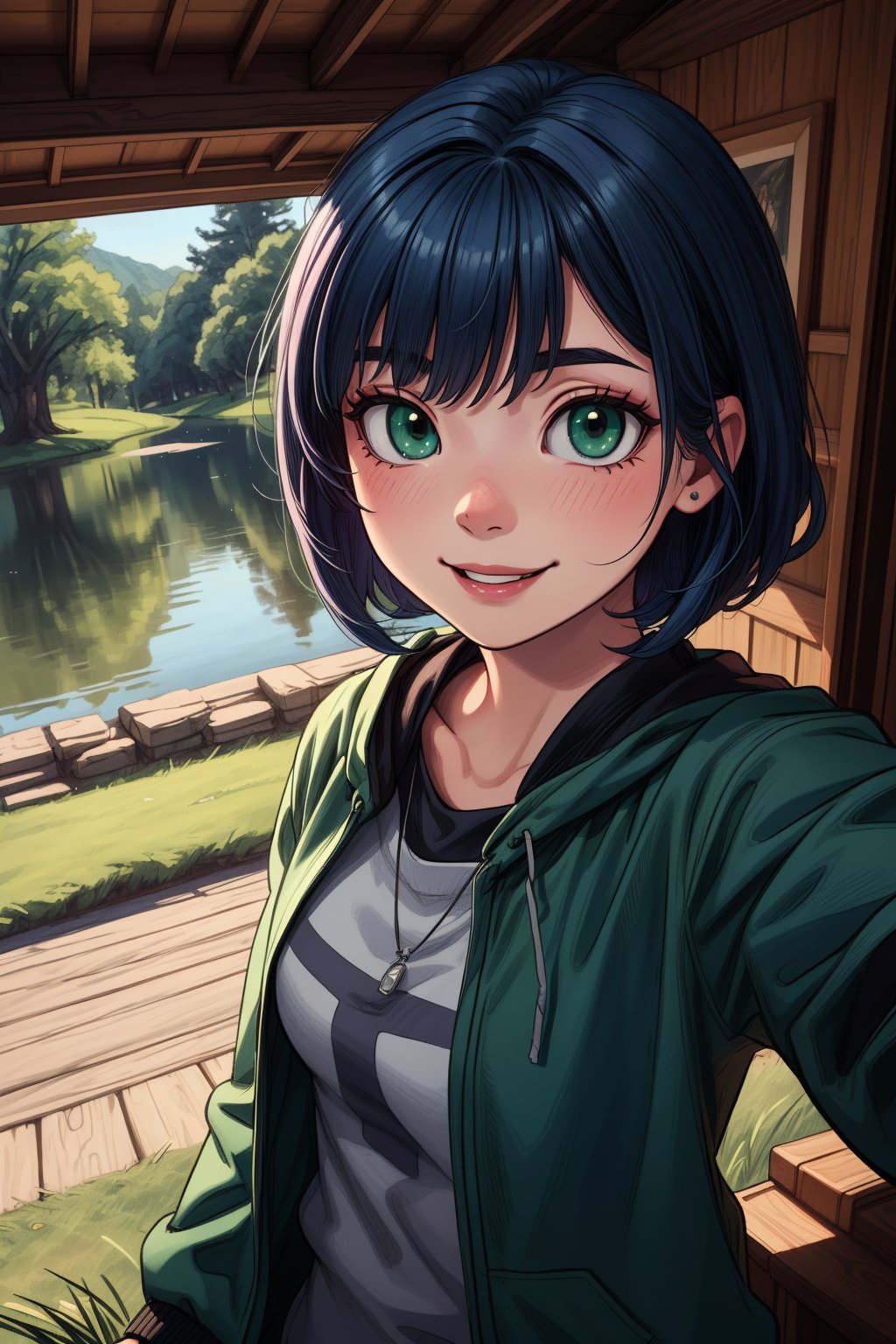 1girl, (masterpice), highres, high detailed, high quality, (solo), 4k, cg, pixiv, (perfect face and eyes), detailed face, dynamic light, intense shadows, intricate_details, (pov:1.2), (selfie:1.2), smile, blush, short hair, blue hair, green eyes, indoors, lake, trees nature, grass 