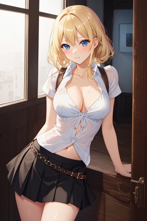 medium breasts, skirt, blonde hair, sexy pose, shy, (masterpiece), (best quality), highres, UHD