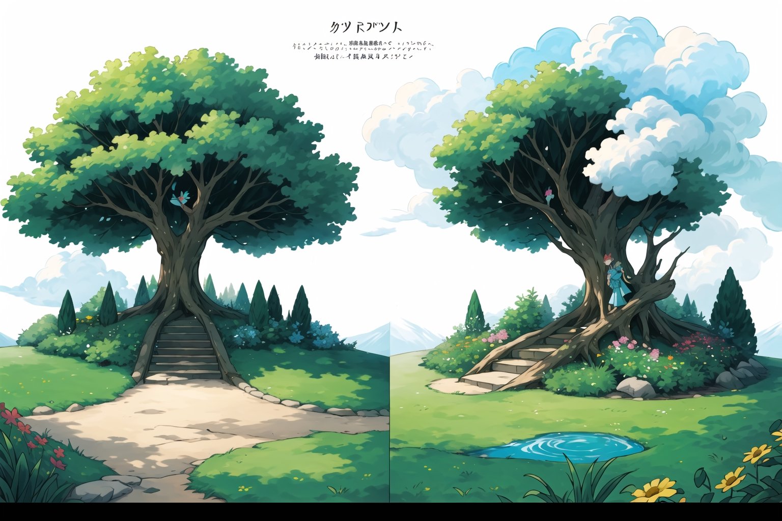 multiple views, Model sheet, masterpiece, best quality, looking at viewer, Ken Sugimori  \(style\),  (full body),  {{{inside creature, inner creature, tree, fairy, vore, \(substance\), inner tree, green leaves, trunk, leafy branches, grass, bush, flowers, sky ,clouds river, lake, river bank, stones, water, small waterfall, bushes, grass, bush, flowers, }}}, {White background}  SMAce, masterpiece, best quality, , masterpiece, {{illustration}}, {best quality}, {{hi res}}, tatsumakitornado