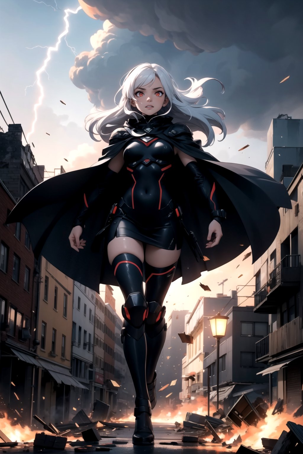 masterpiece, top quality, best quality, 1girl in t-pose, levitating, sparks, windy, cape, hovering, destroyed city, apocalypse, dystopian city in flames, long white hair, colorful, highest detailed, hypermaximalistic, flying debris, zero gravity, shooting lightning from hands, red glowing eyes, evil villain, lens flares, dark clouds, whole body photo, perfect body shape, propotionate