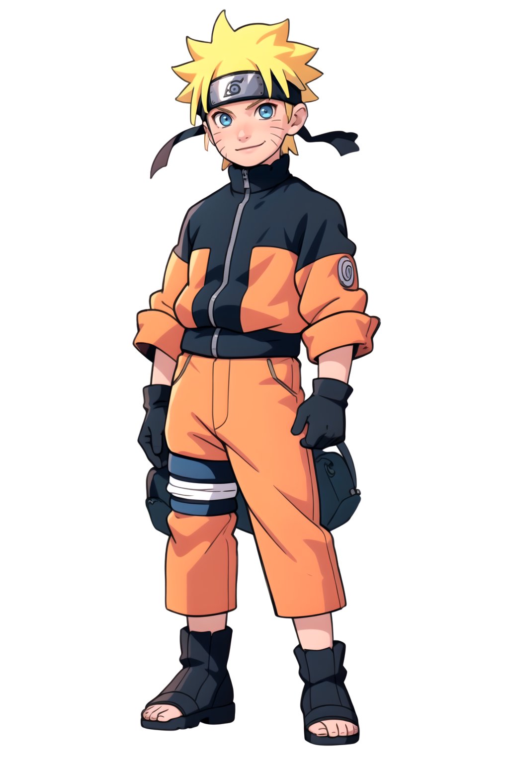 masterpiece, best quality, 1boy, uzumaki naruto, arms at sides, clenched hands, full body, black gloves, blue eyes, blonde spiked hair, looking at viewer, male focus, | simple background, smile, solo, standing, white background ,uzumaki naruto