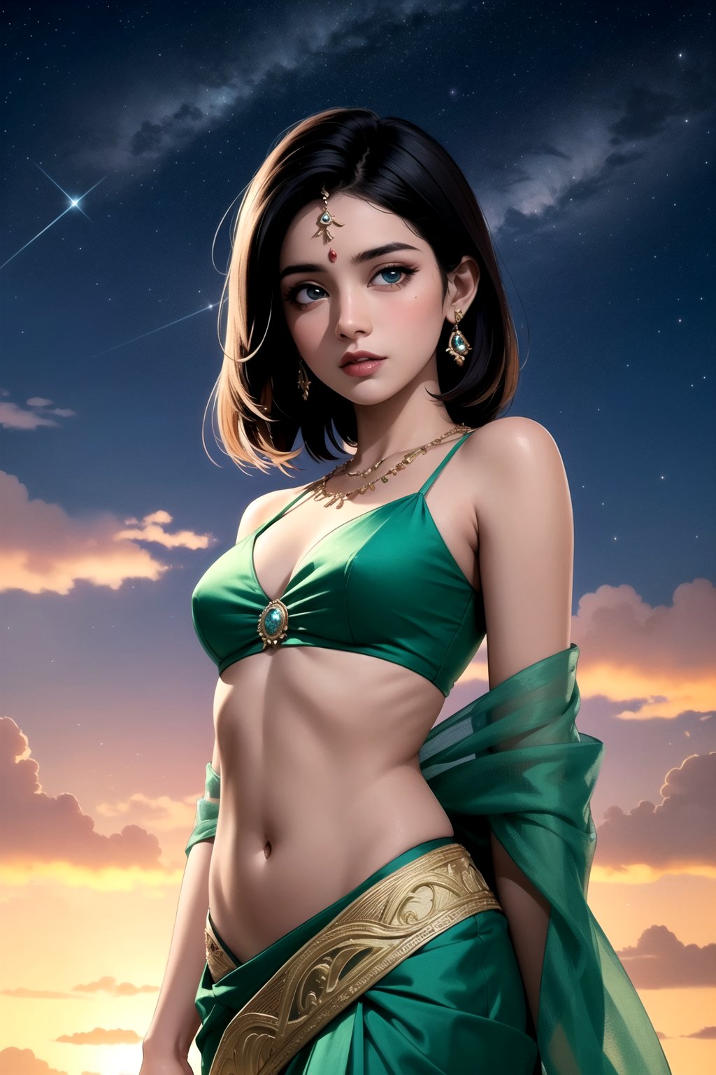 centered, award winning upper body photography, hyperealistic shadows, | hot Indian model, navel, midriff, dark skinned, sky green satin saree, | sunset, starry sky, clouds in the sky, | smooth detailed outfit, symetrical eyes, cute face,