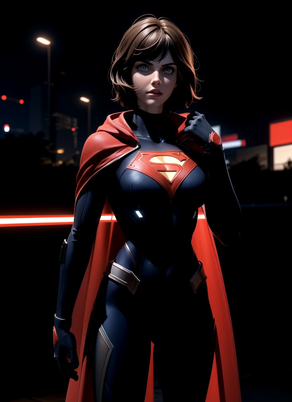 centered, award winning upper body digital art, unreal engine, 3d model, | solo, woman, wearing a super girl suit with pants, backround neon light, full body, alexandra daddario, (short hairstyle), front facing, realistic, with red cape, ,arshadArt