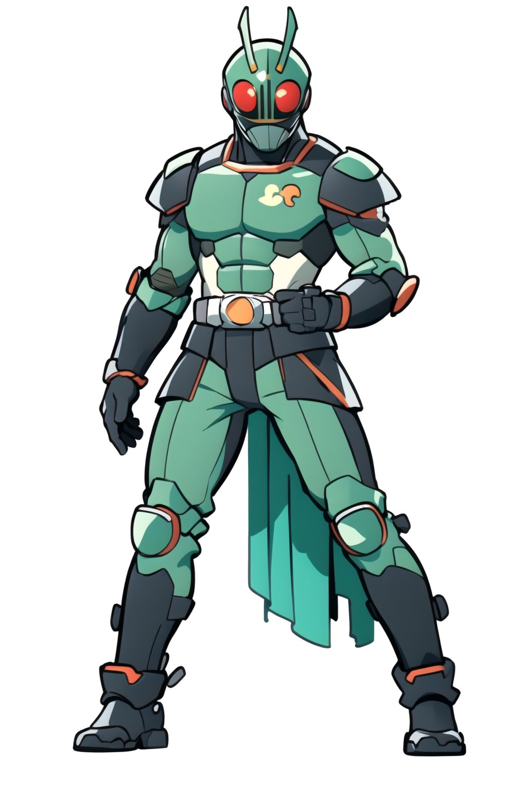 centered, full body, digital art, masterpiece, | (black and green armor:1.2), detailed helmet and armor, standing, | (simple background), (white background:1.2), character concept art, | Kamen_Rider_Black_RX, 